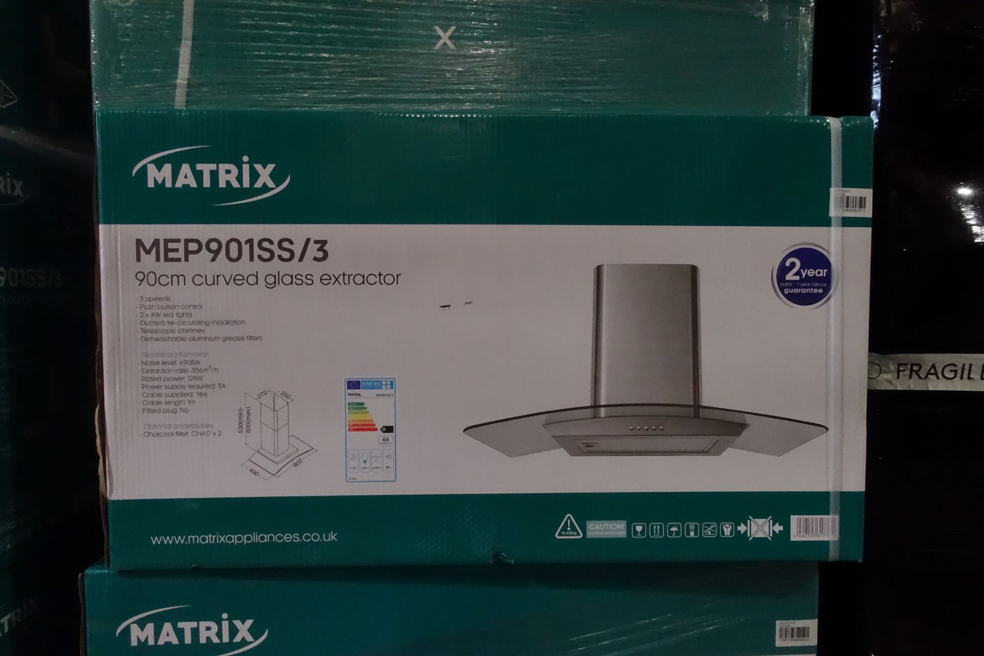 1 x MATRIX MEP901SS Curved Glass Extractor Hood 900mm Stainless Steel