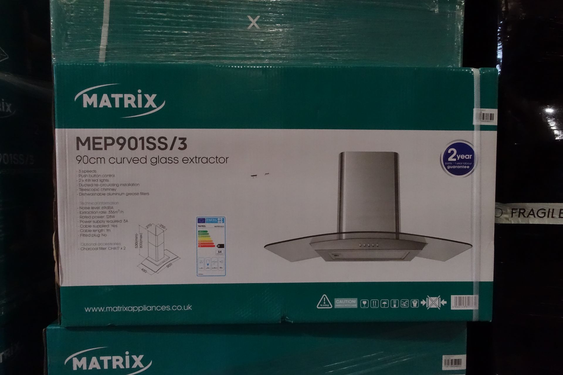 1 x MATRIX MEP901SS Curved Glass Extractor Hood 900mm Stainless Steel