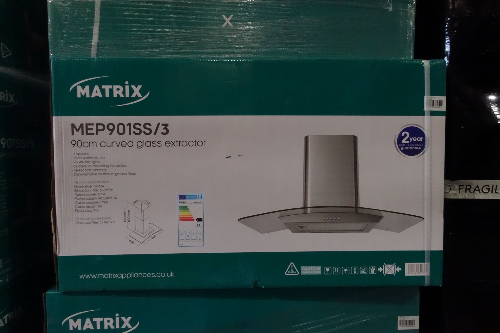 1 x MATRIX MEP901SS Curved Glass Extractor Hood 900mm Stainless Steel