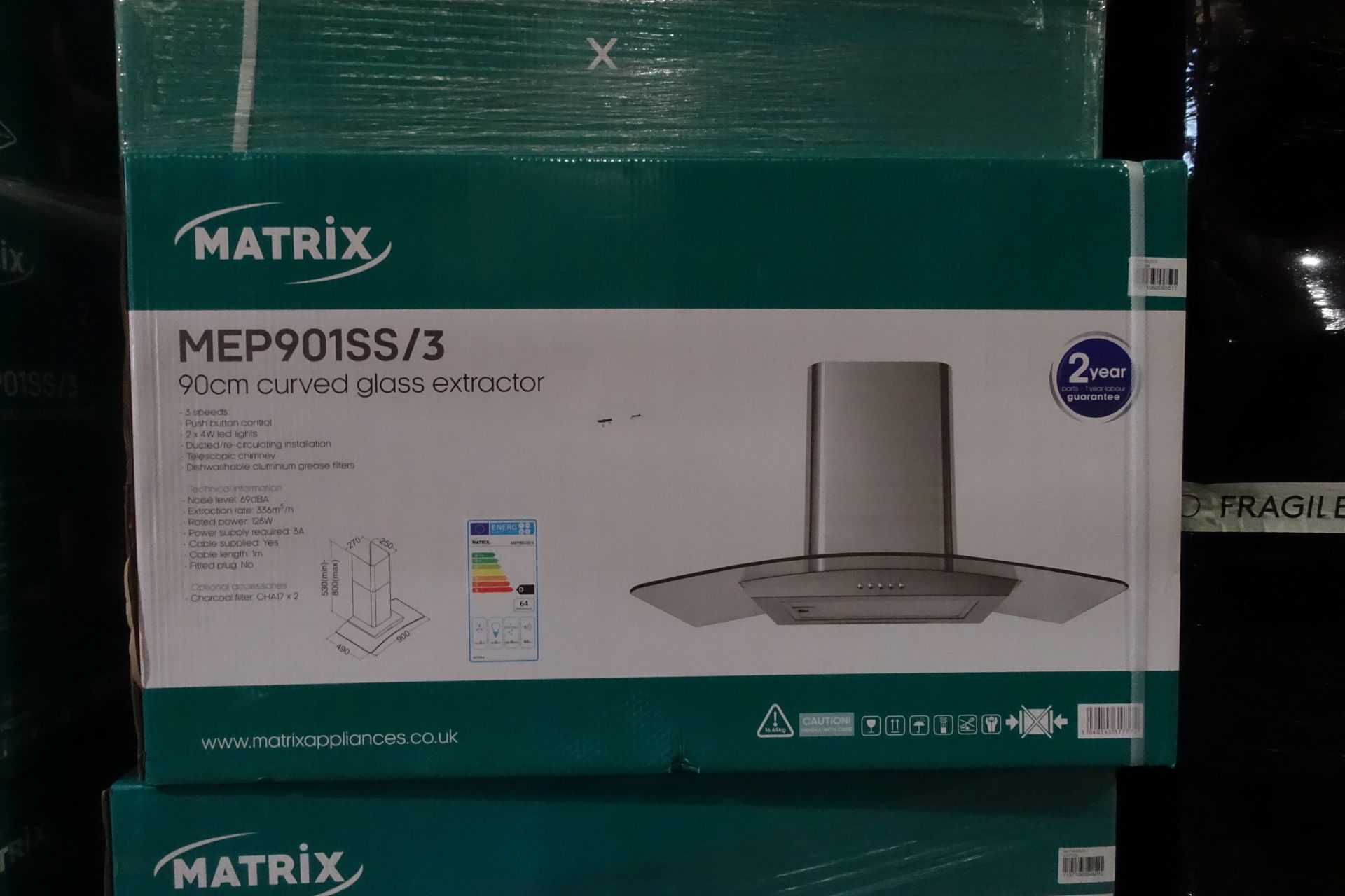 1 x MATRIX MEP901SS Curved Glass Extractor Hood 900mm Stainless Steel