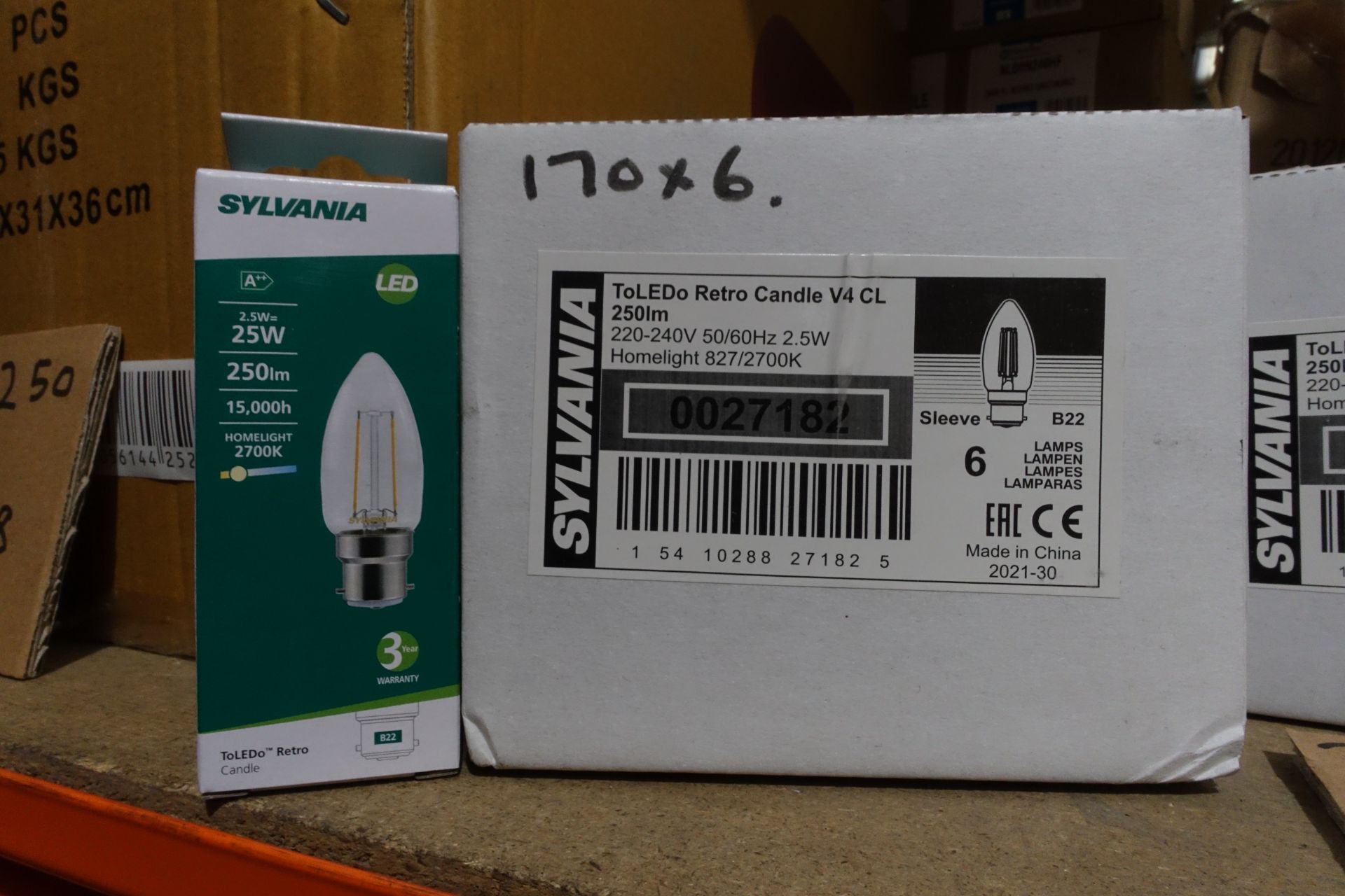 180 x SYLVANIA 0027182 2.5W LED Retro Candle lamps B22 Fitting