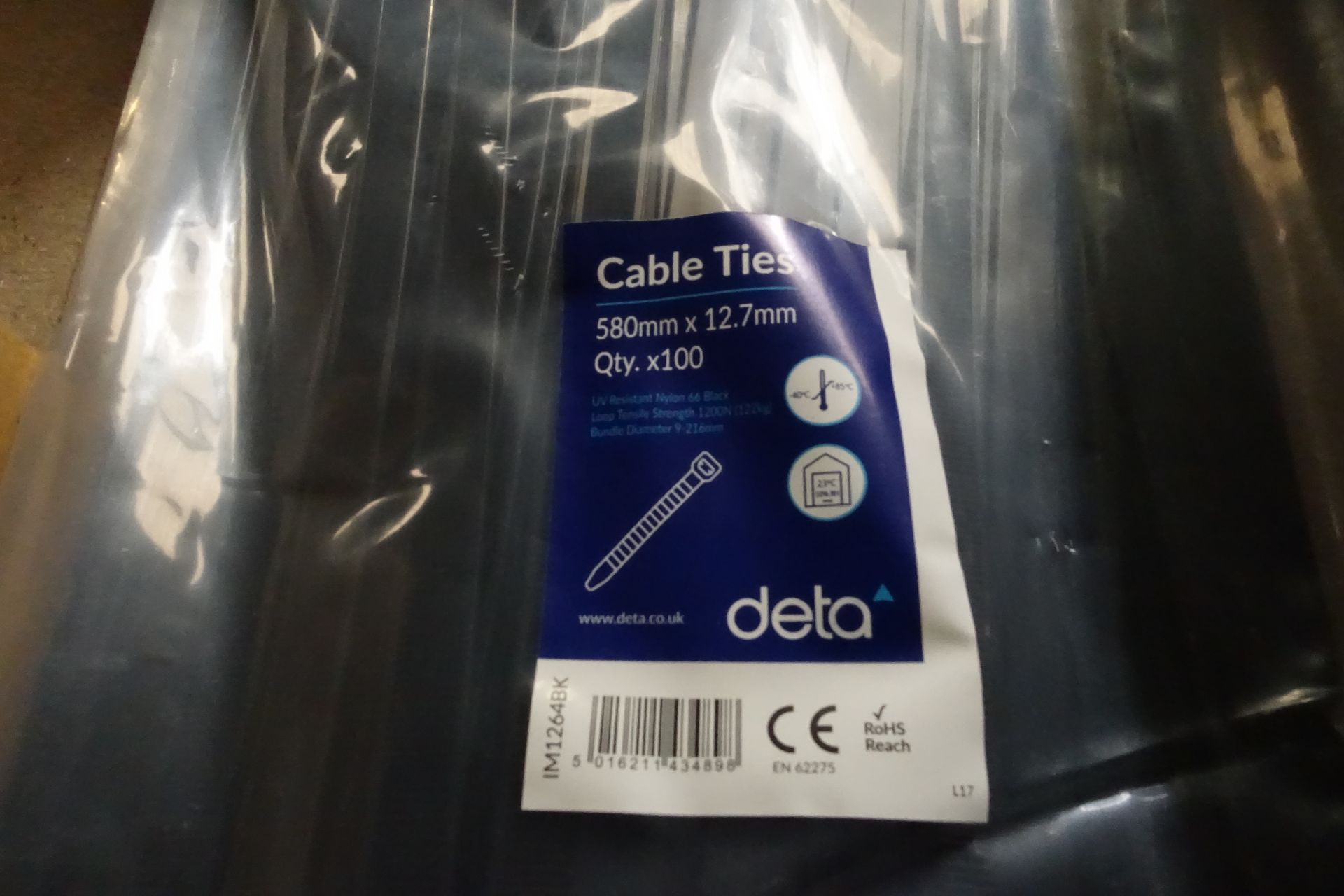 10 x Pack's of DETA IM1264BK Cable Tie's 580mm x 12.7mm Black 100 Per Pack