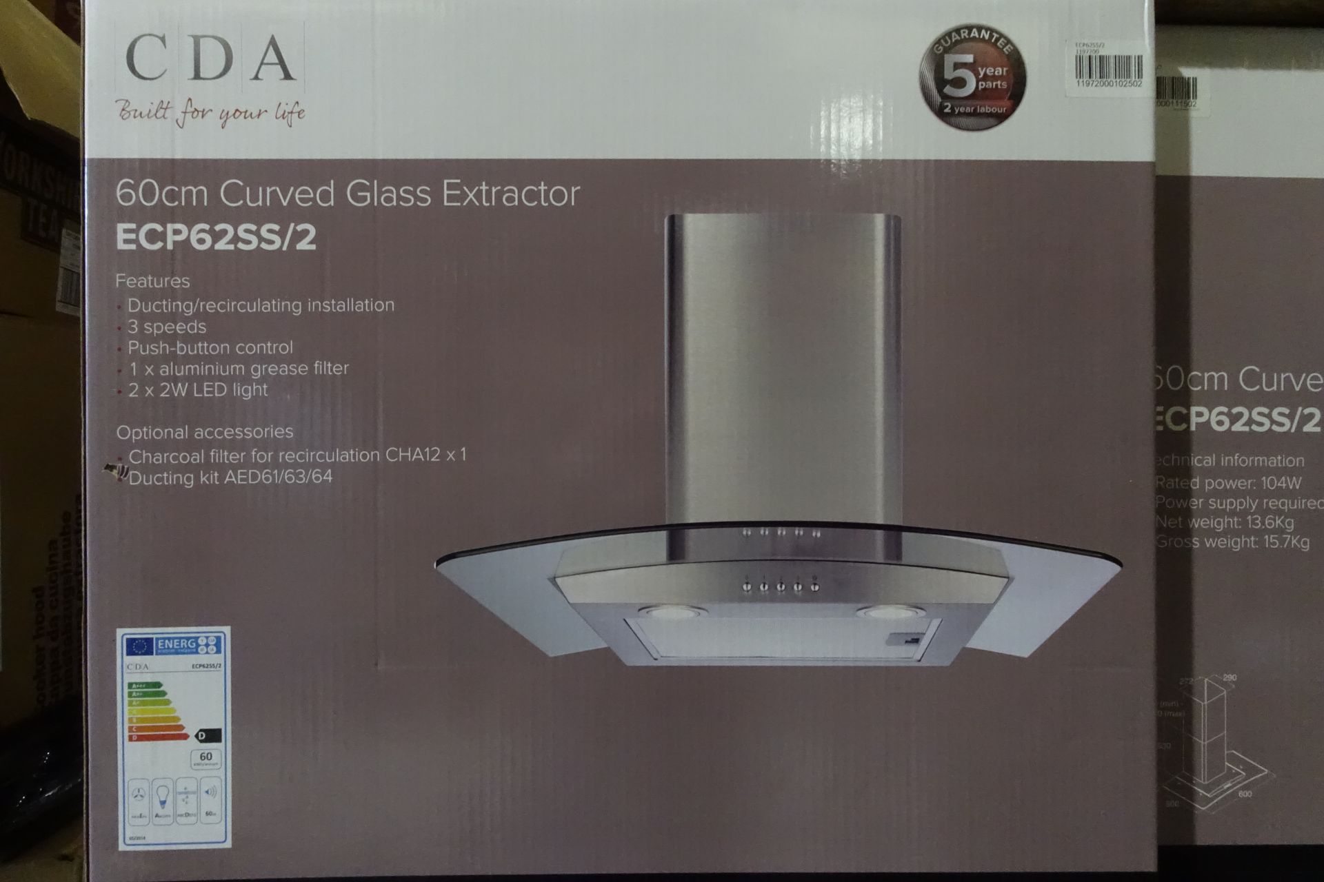 1 x CDA ECP62SS Curved Glass Cooker Hood Stainless Steel 600mm