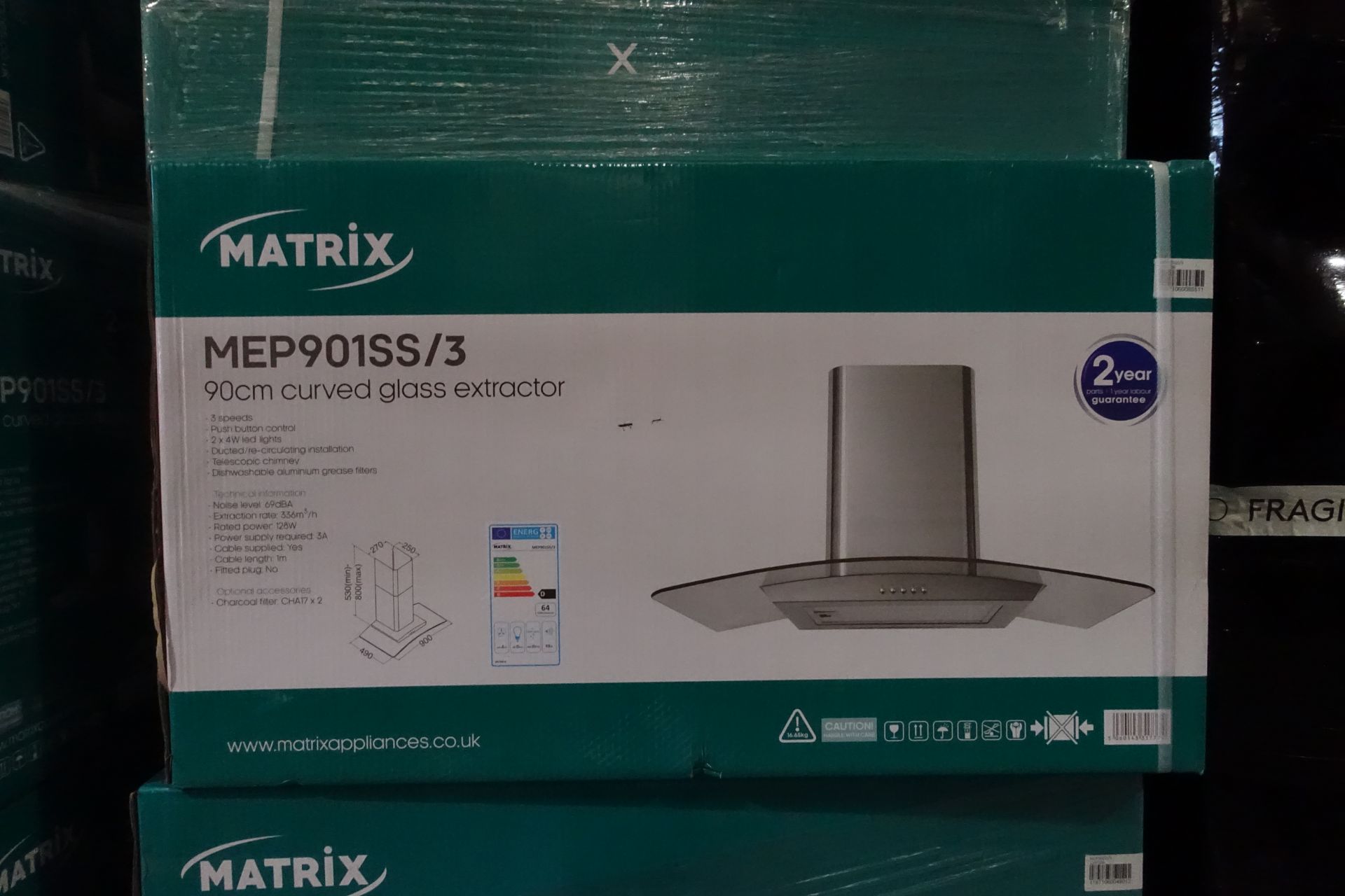 1 x MATRIX MEP901SS Curved Glass Extractor Hood 900mm Stainless Steel