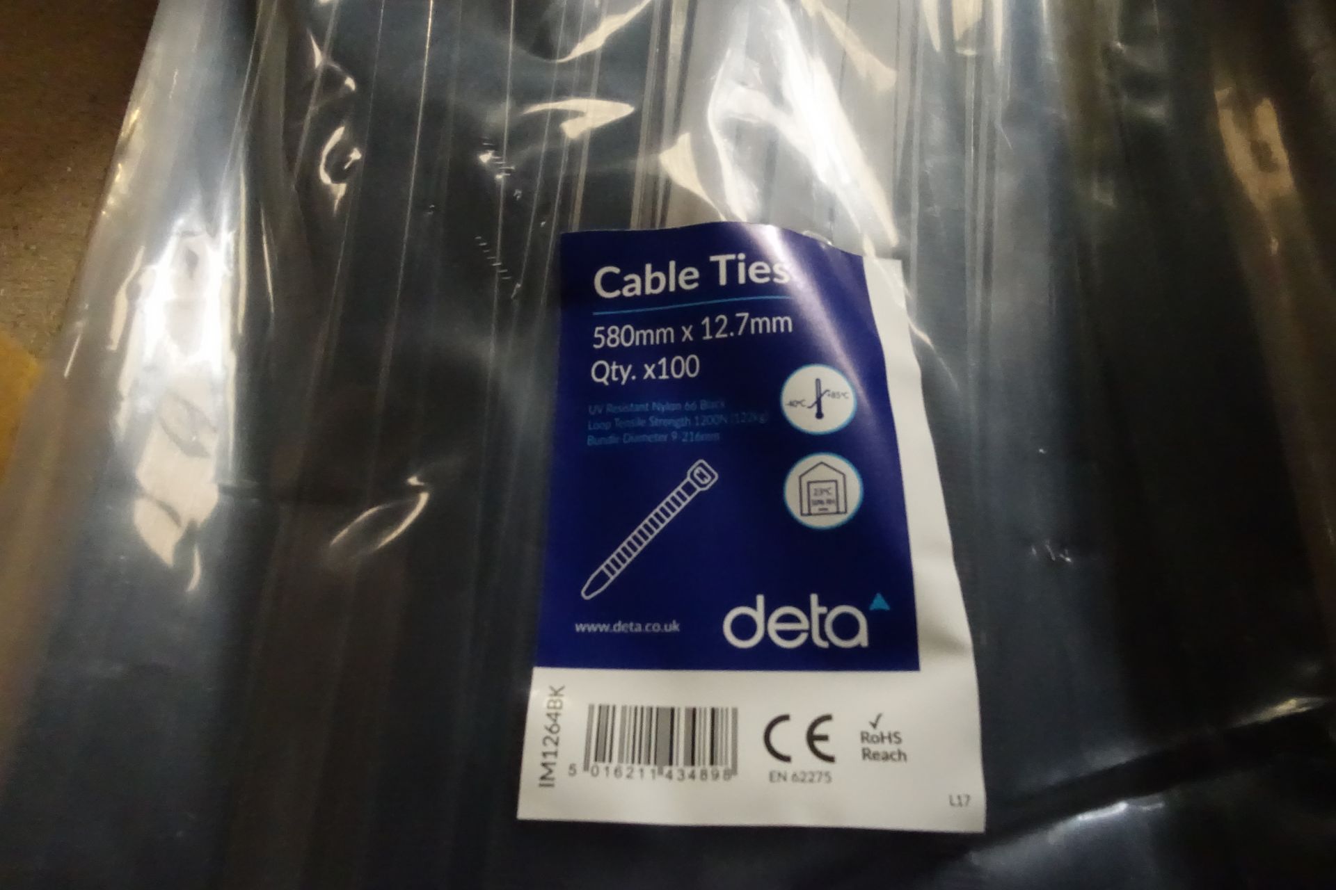 10 x Pack's of DETA IM1264BK Cable Tie's 580mm x 12.7mm Black 100 Per Pack