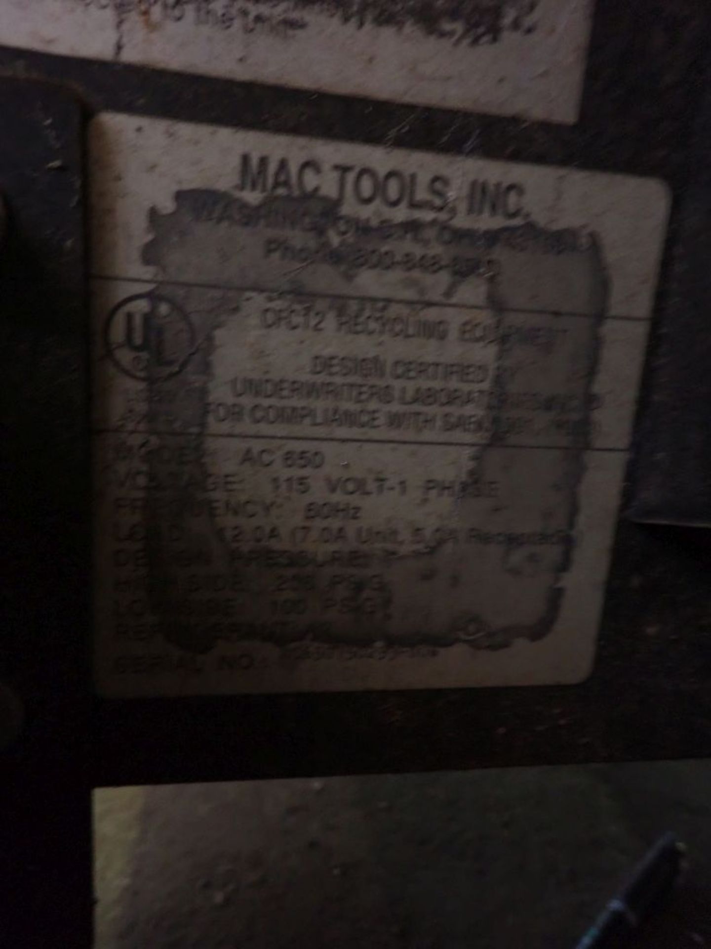 Mac Tools AC 650 Rolling Refrigerant Recovery & Recycling Station - Image 11 of 12