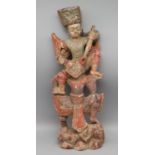 Zwei hinduistische Gottheiten, Indonesien, antik, Holz geschnitzt, farbig gefasst, 39 x 14,5 x 6,5 