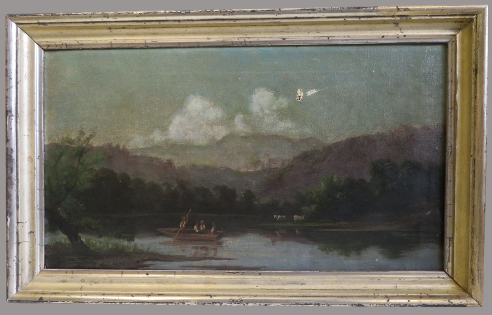 19. Jahrhundert, "Fischer auf dem See", Öl/Leinwand, Bildmitte mit kleinem Loch, 26,5 x 45,5 cm, R. - Image 2 of 2