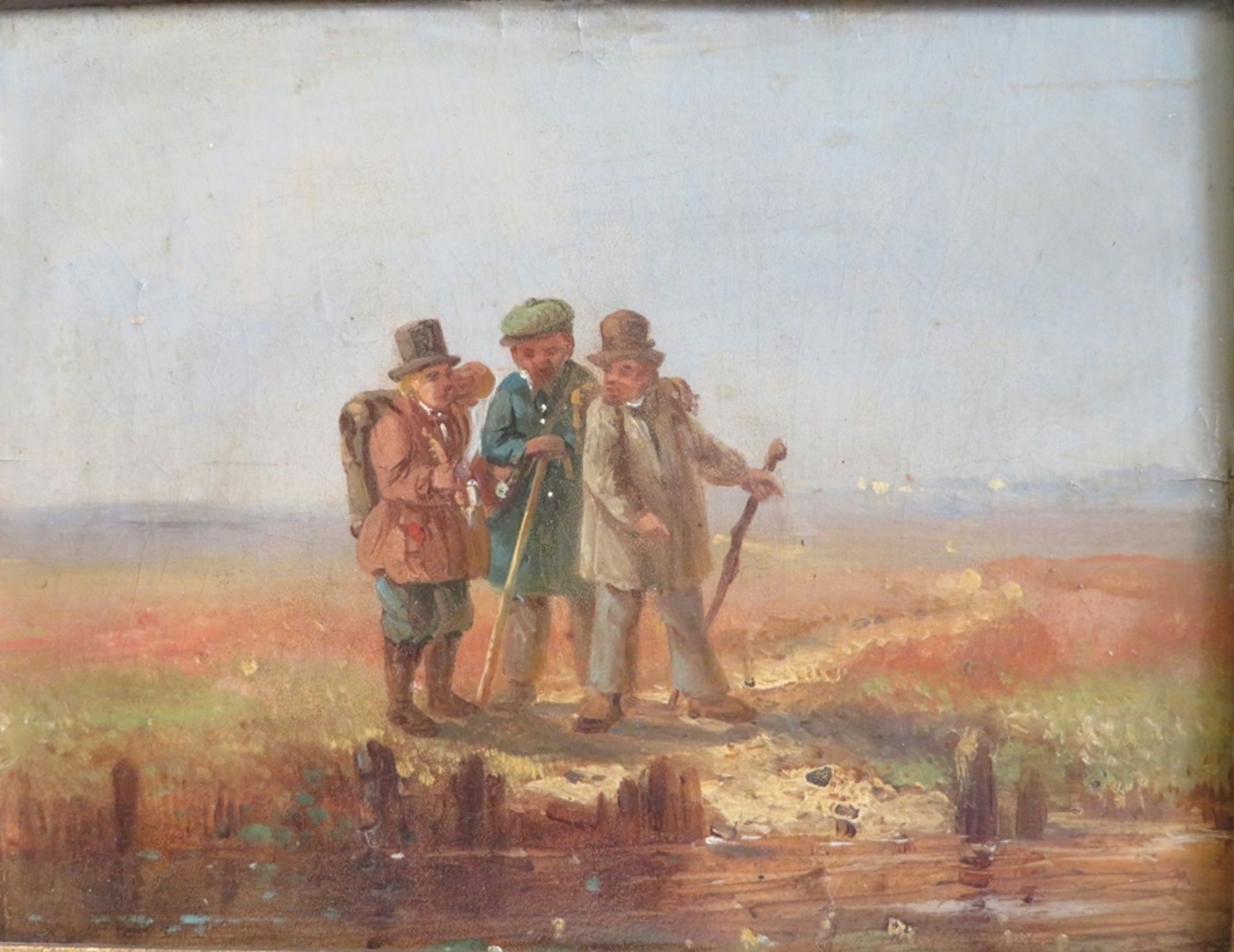 19. Jahrhundert, "Drei Vagabunden", Öl/Malerpappe, 17,5 x 23,3 cm, R. [30 x 35 cm]