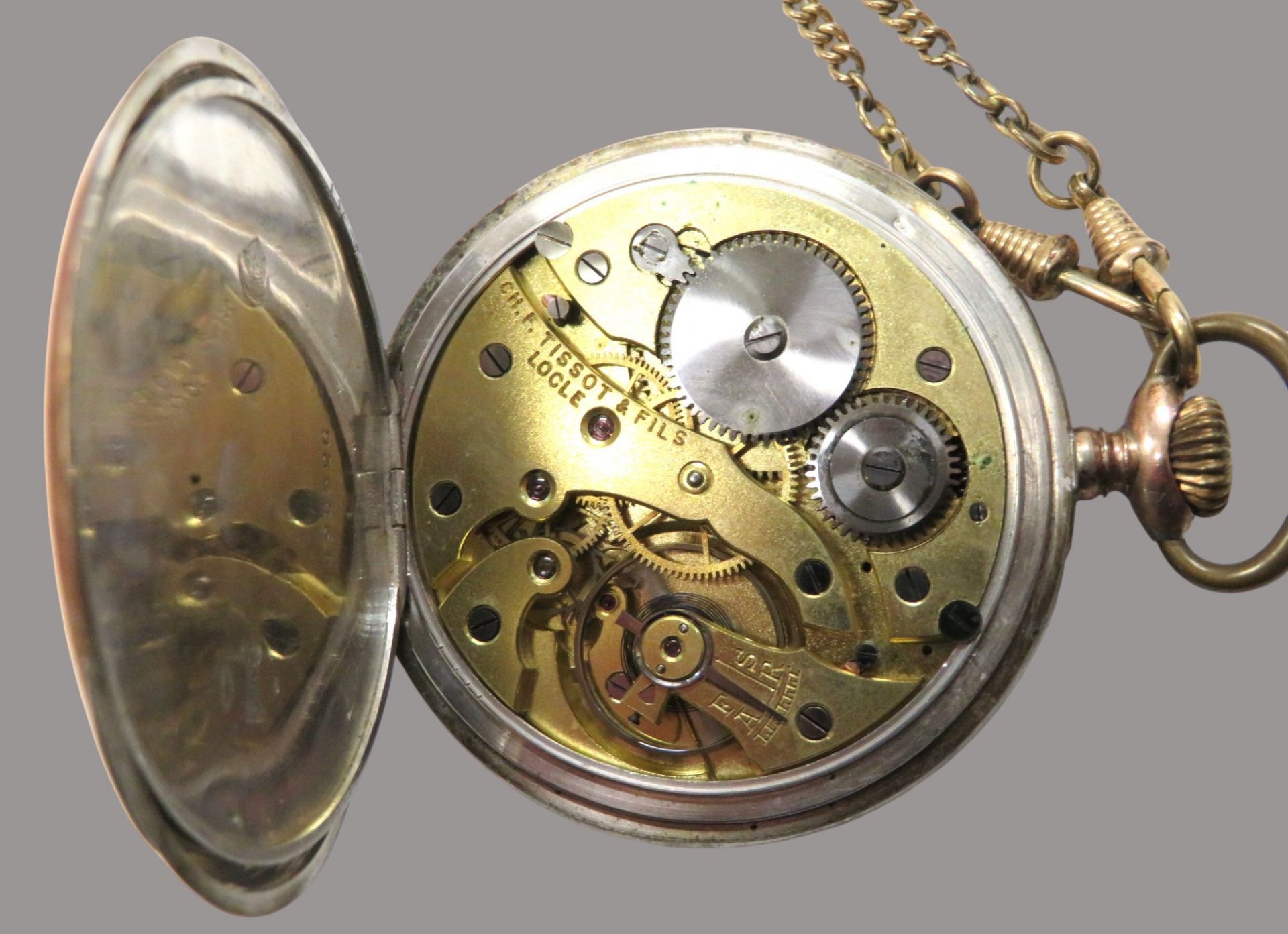 Taschenuhr an Uhrenkette, Ch. F. Tissot & Fils Locle, Gehäuse und Innendeckel Silber 800/000, punzi - Image 4 of 4