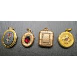 4 diverse Medaillons, um 1900, vergoldet, 1 x mit ovaler Onyxplatte und Farbstein sowie Saatperlbes