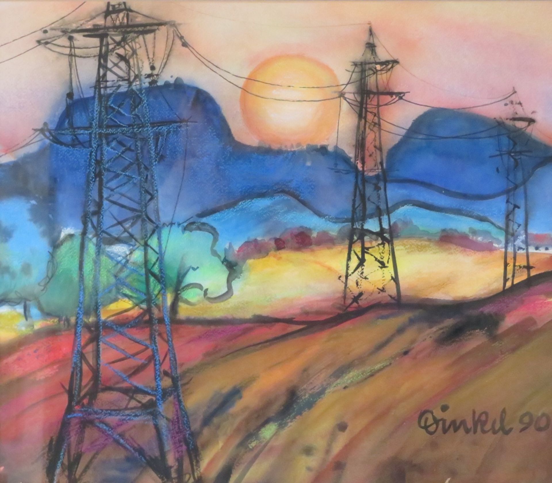 Dinkel, „Strommasten im Sonnenuntergang“, re.u.sign.u.dat. (19)90, Aquarell und Kreide, 38 x 44 cm,