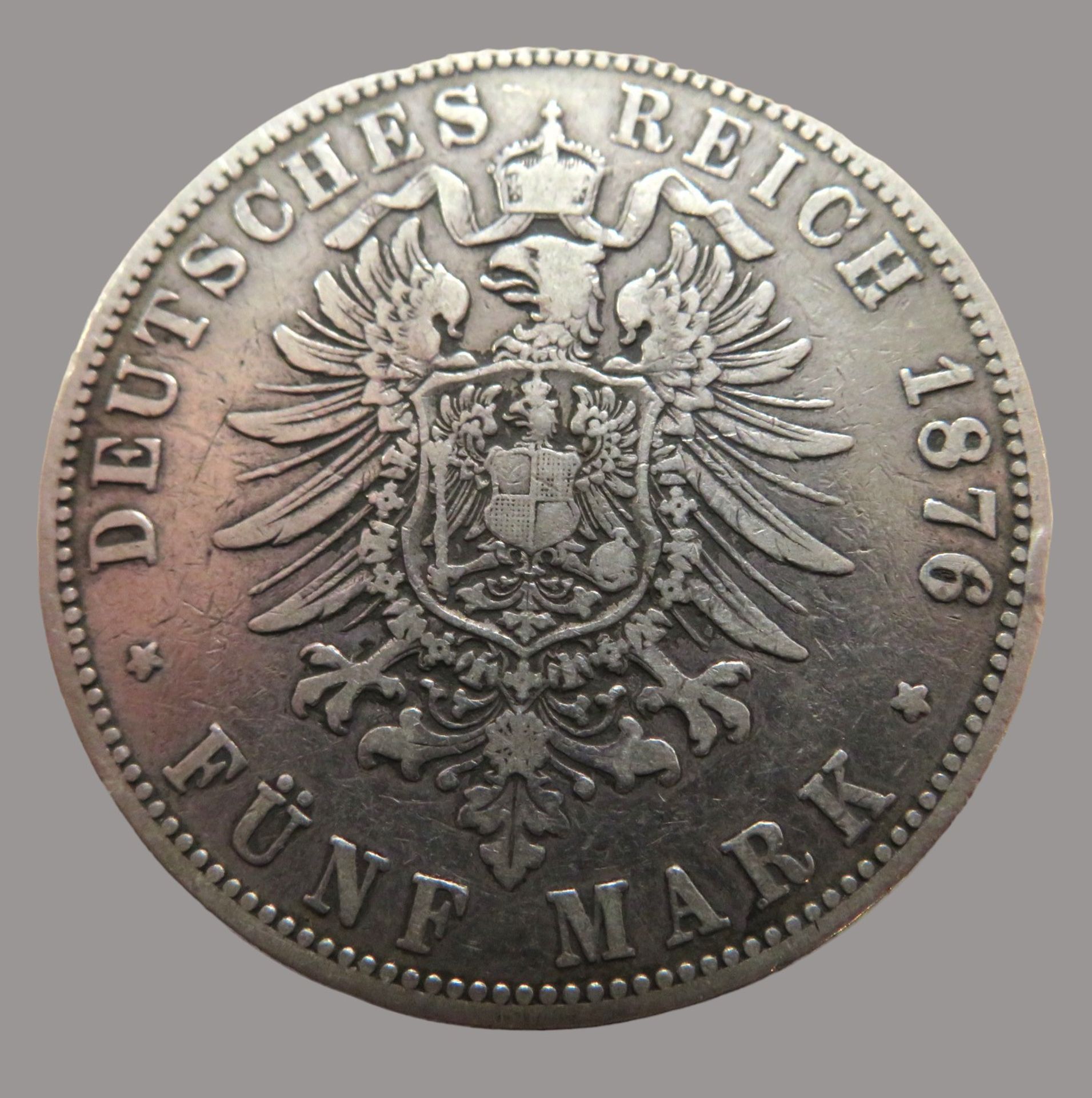 Silbermünze, 5 Mark, Deutsches Reich, Freie und Hansestadt Hamburg, 1876 J, Silber, 67,3 g, d 3,7 c - Bild 2 aus 2