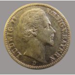 Goldmünze, 20 Mark, Ludwig II von Bayern, 1873D, Gold 900/000, 7,96 g, J 194, d 2,25 cm.