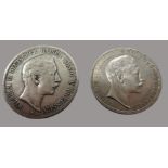 2 Silbermünzen, 3- und 5-Mark, Wilhelm II., 1895A/1911A, Silber, 44,2 g, d 3,7/3,2 cm.