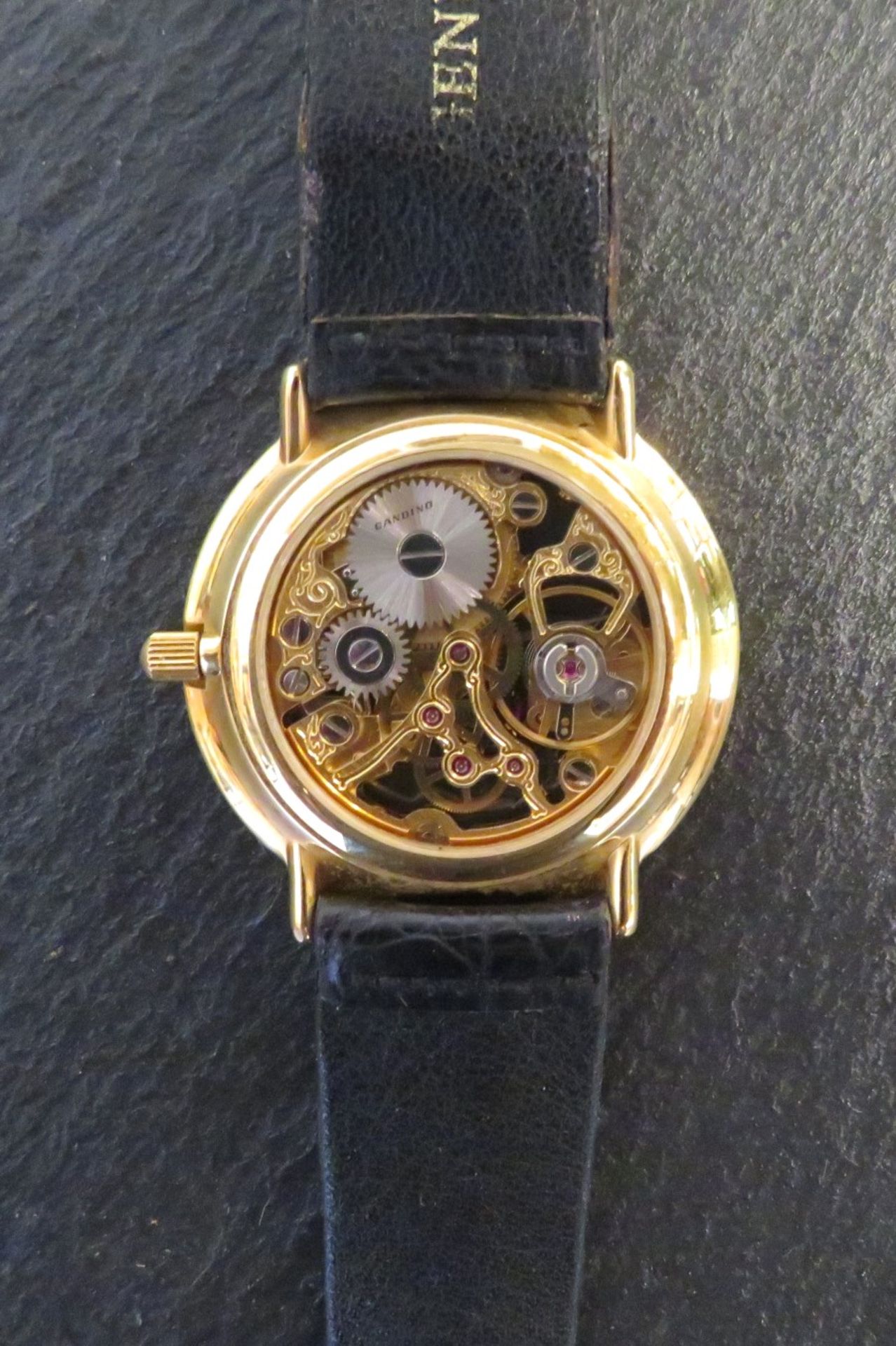 Armbanduhr, Candino, fein skelettiertes Werk, vergoldetes Gehäuse, Handaufzug, intakt, Lederband, G - Bild 2 aus 2