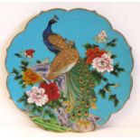 Cloisonné Teller, China, farbiger Zellenschmelz mit Dekor von Pfauen, tadelloser Zustand, h 2 cm, d