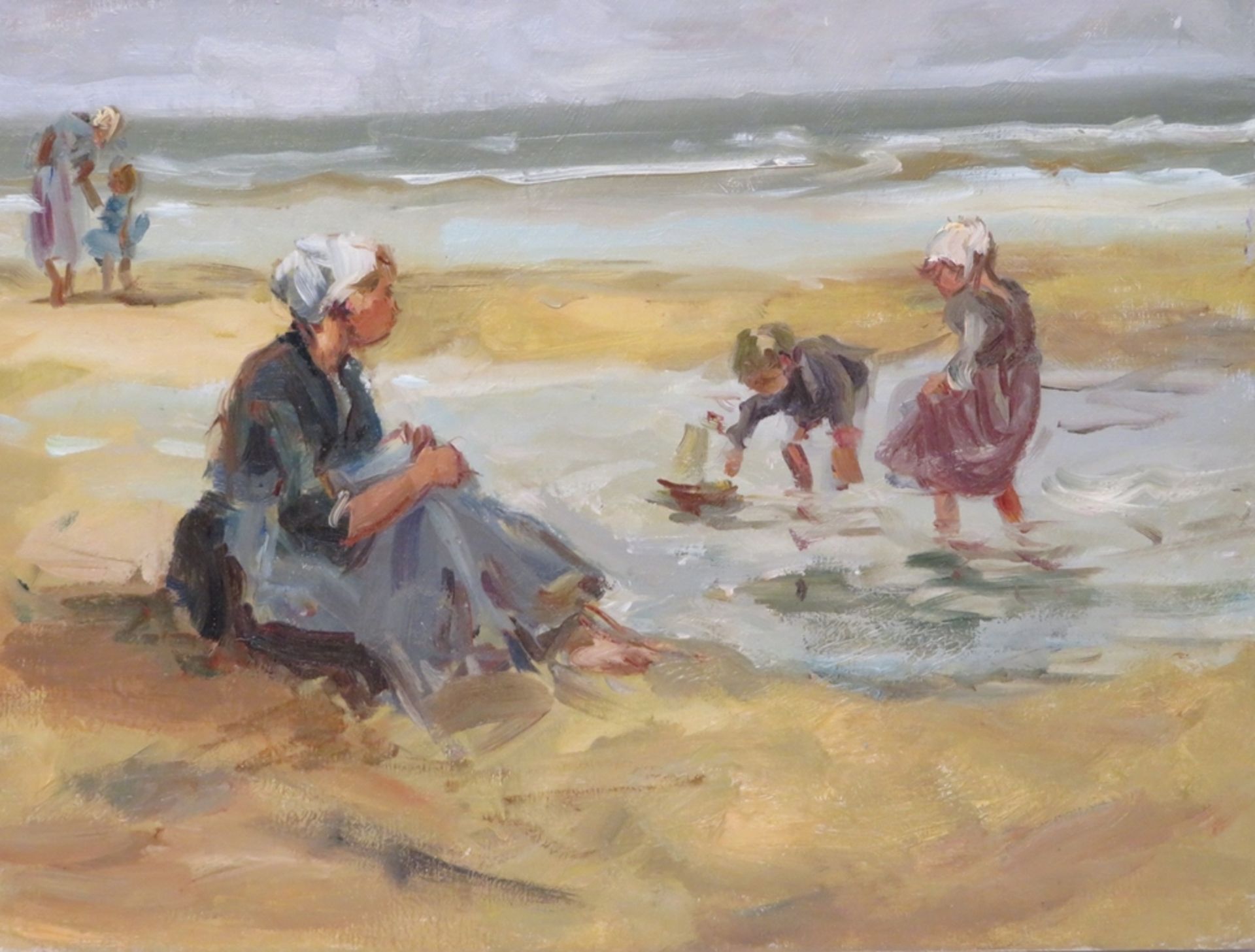 Unbekannt, Niederlande, "Spielende Kinder am Strand", Öl/Leinwand, 29,9 x 39,5 cm.