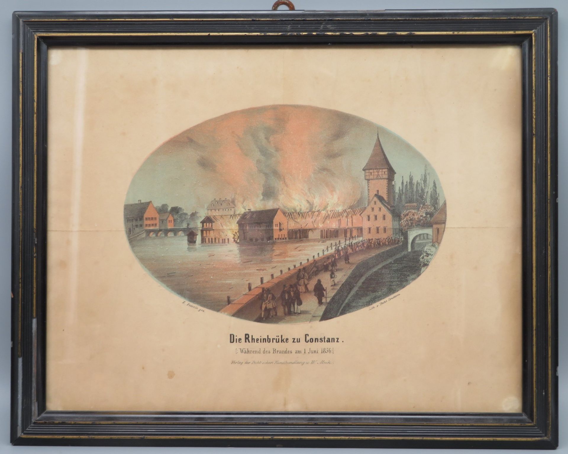 Federle, E., "Die Rheinbrücke zu Constanz [Während des Brandes am 1. Juni 1856]", Farblithografie, - Image 2 of 2