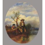 England, Mitte 19. Jahrhundert, "Zwei junge Angler am Fluss", Öl/Leinwand, Riss im rechten Bildauss