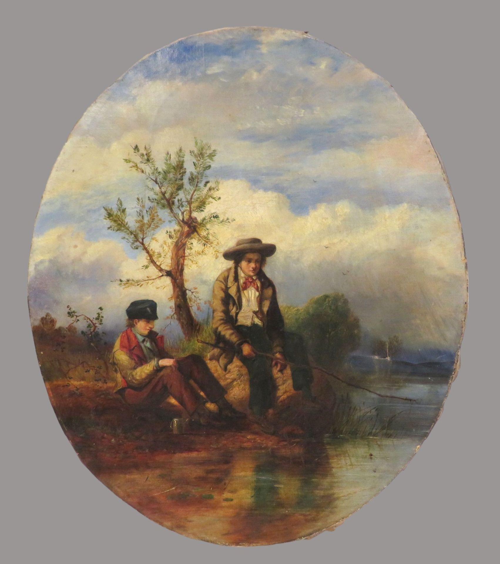 England, Mitte 19. Jahrhundert, "Zwei junge Angler am Fluss", Öl/Leinwand, Riss im rechten Bildauss