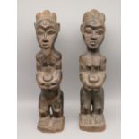 2 Ahnenfiguren, Afrika, Elfenbeinküste, Baule, männlich und weiblich, Holz geschnitzt, 35 x 10 x 8