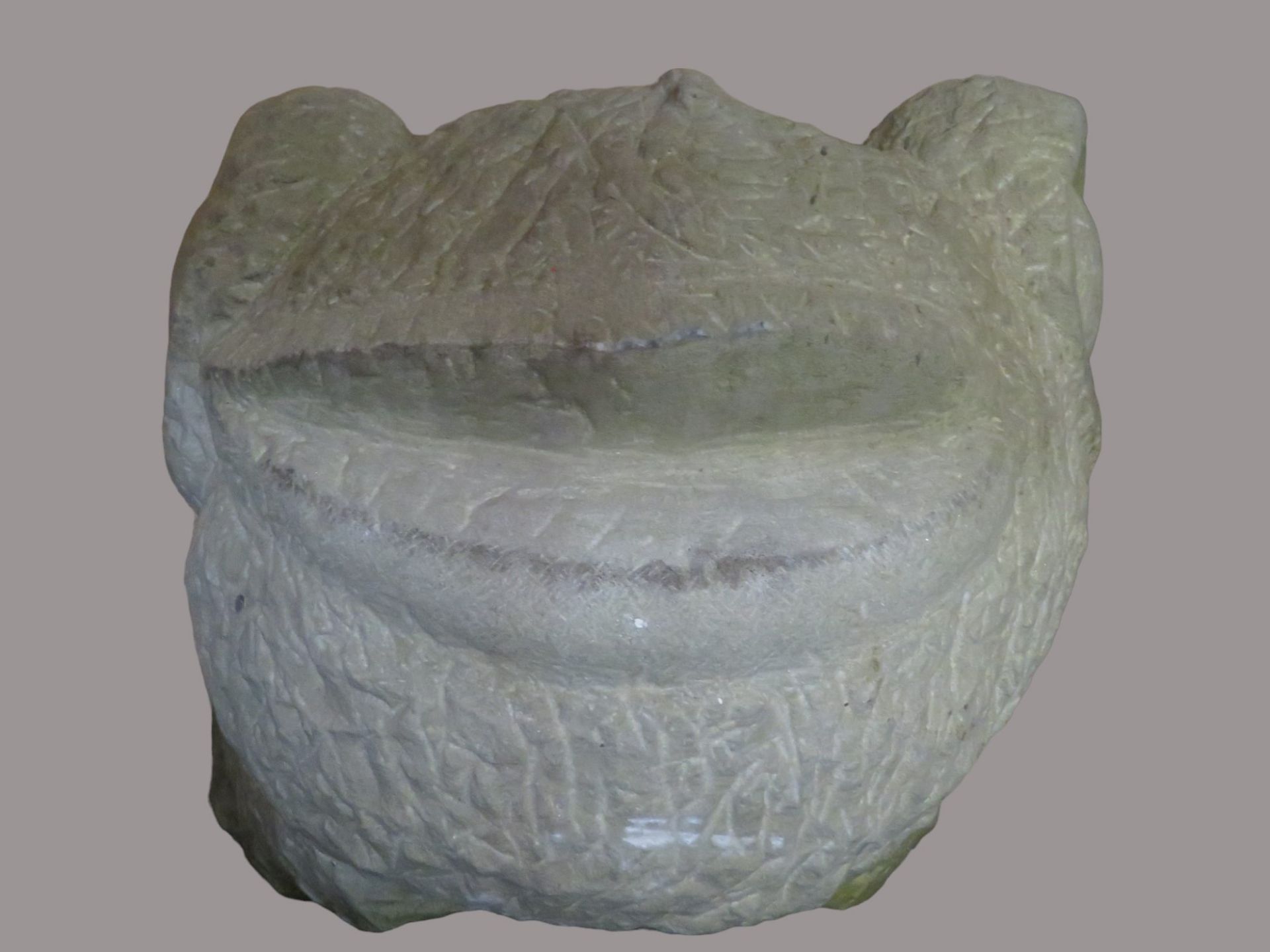 Wandskulptur, Kopf eines Frosches, Sandstein behauen, 31 x 32 x 39 cm.