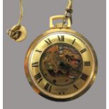 Taschenuhr an Uhrenkette, La Marque, Gehäuse und Uhrenkette vergoldet, skelettiertes Werk, Handaufz