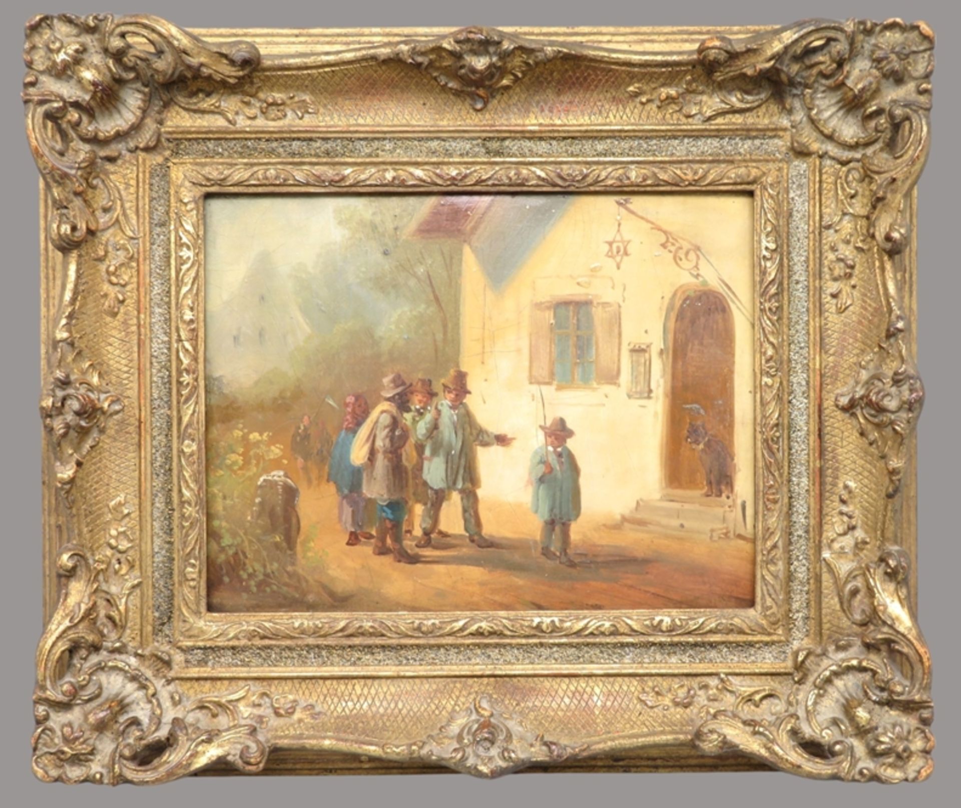 19. Jahrhundert, "Personen auf dem Weg in die Herberge", Öl/Malerpappe, 18 x 23,5 cm, R. [30 x 35 c - Image 2 of 3