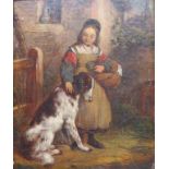 Biedermeier, um 1850, "Mädchen mit Henkelkorb und Hund", Öl/Holz, 17 x 13,5 cm, R. [29 x 26 cm]