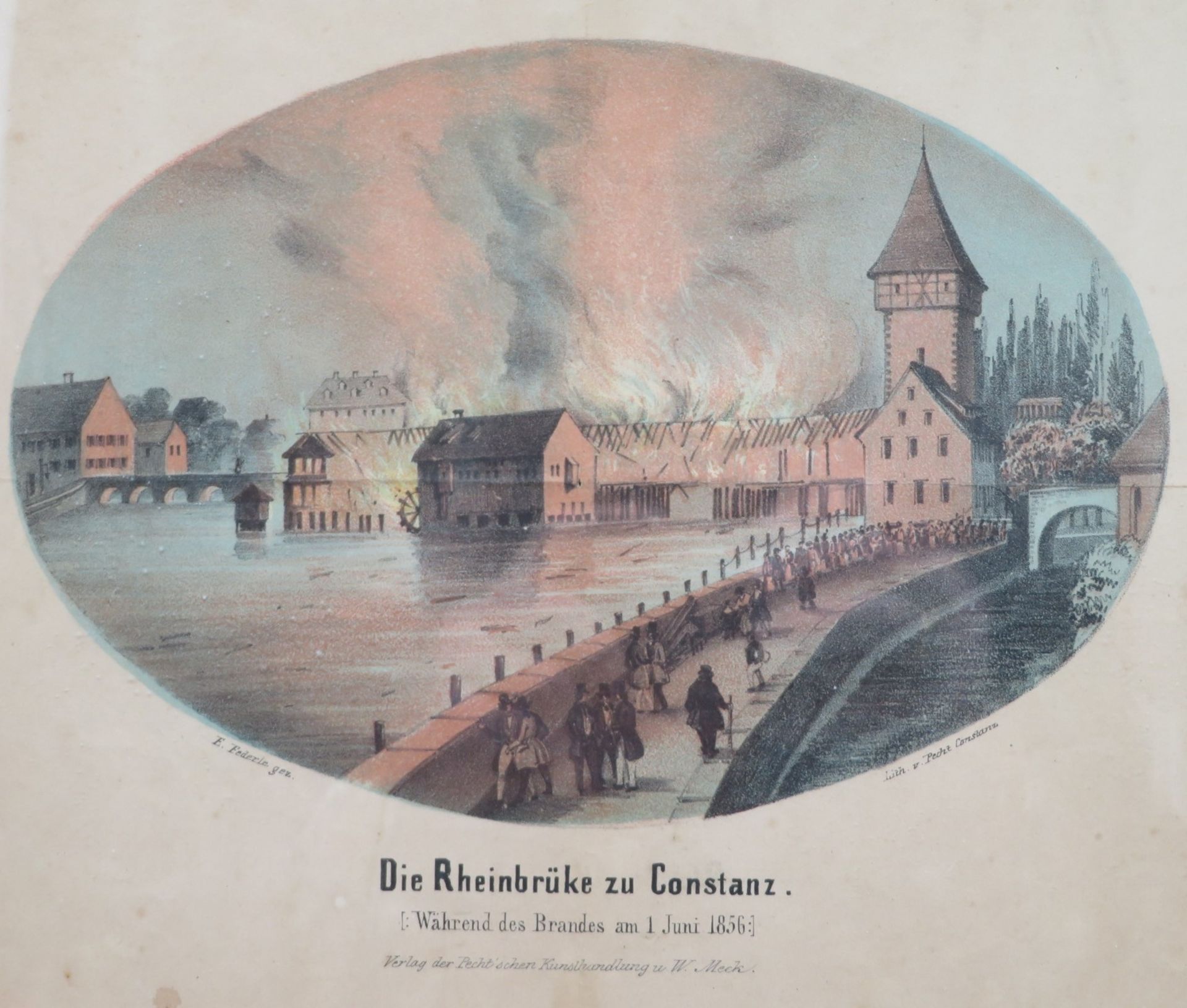 Federle, E., "Die Rheinbrücke zu Constanz [Während des Brandes am 1. Juni 1856]", Farblithografie,