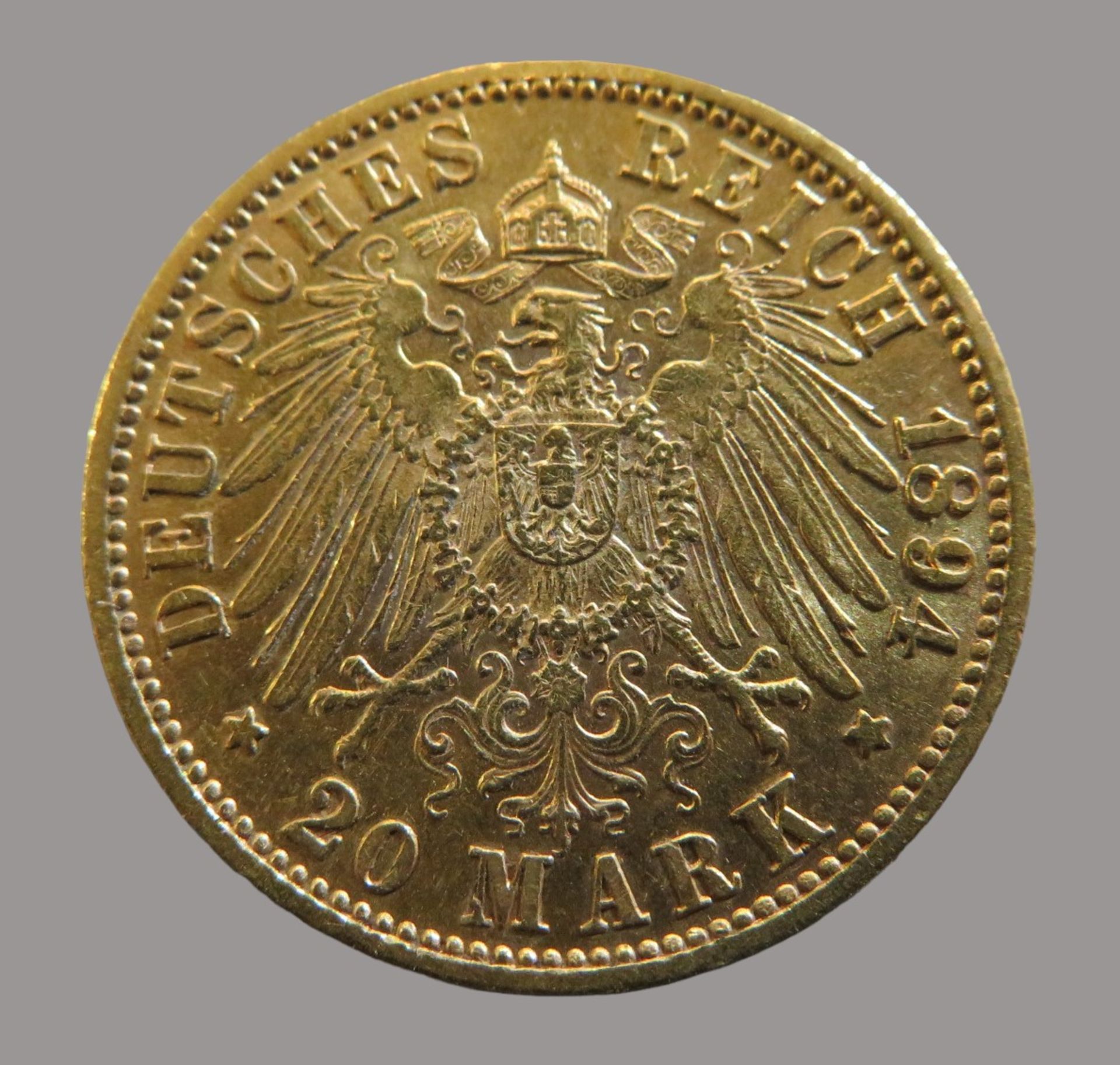 Goldmünze, 20 Mark, König Wilhelm II. von Württemberg, 1894F, Gold 900/000, 7,96 g, J 296, Erhaltun - Image 2 of 2