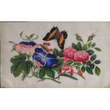 2 Seidenmalereien, China, um 1900, Blüten und Schmetterlinge, Aquarell/Seide, besch., 32,5 x 20 cm,