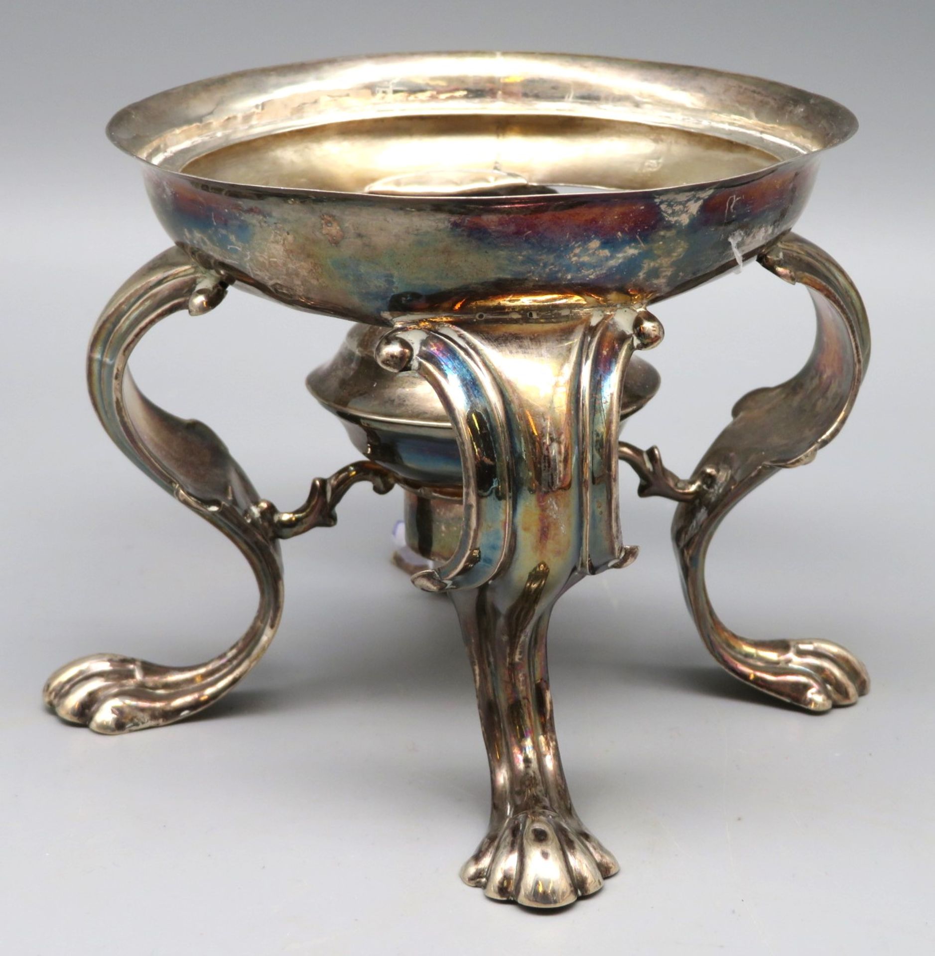 Réchaud, Niederlande, 19. Jahrhundert, Silber 835/000, punziert, 154 g, auf 4 Tatzenfüßen, h 10 cm,