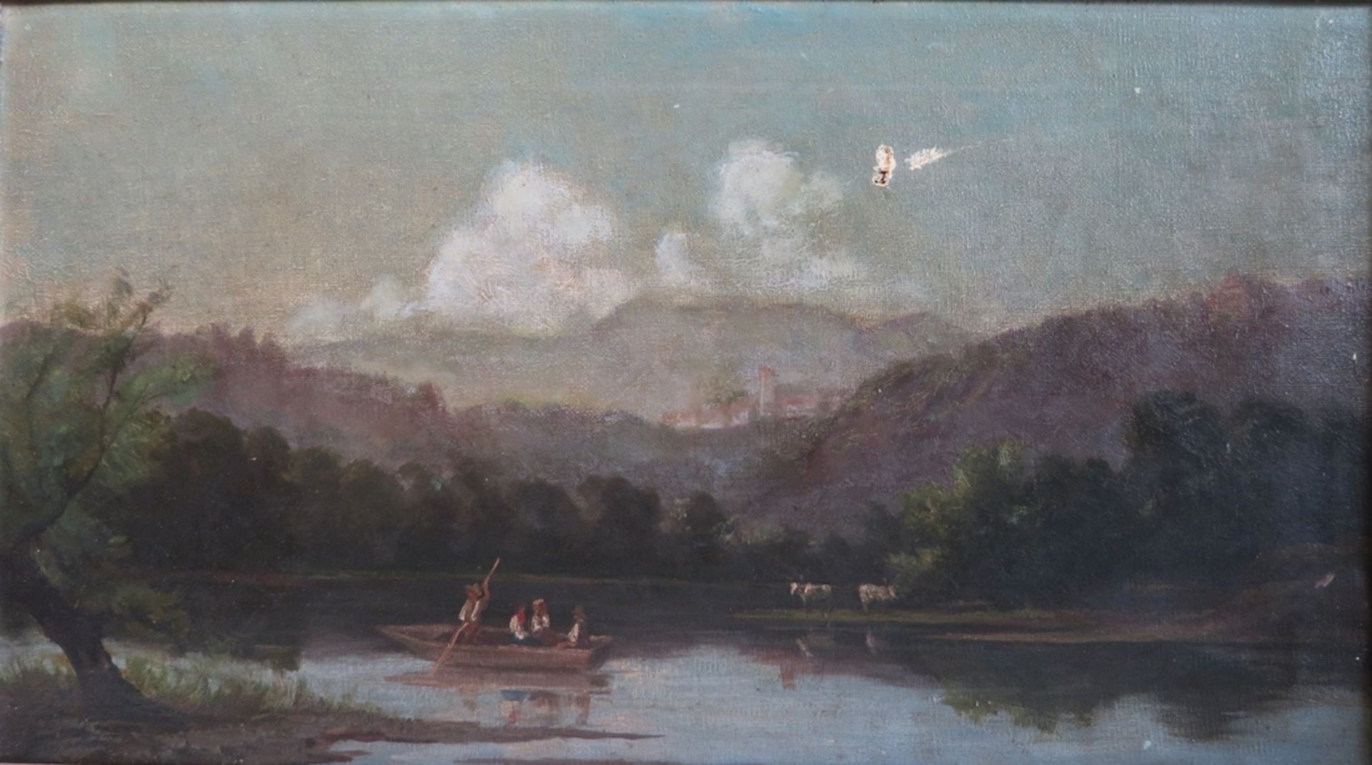 19. Jahrhundert, "Fischer auf dem See", Öl/Leinwand, Bildmitte mit kleinem Loch, 26,5 x 45,5 cm, R.