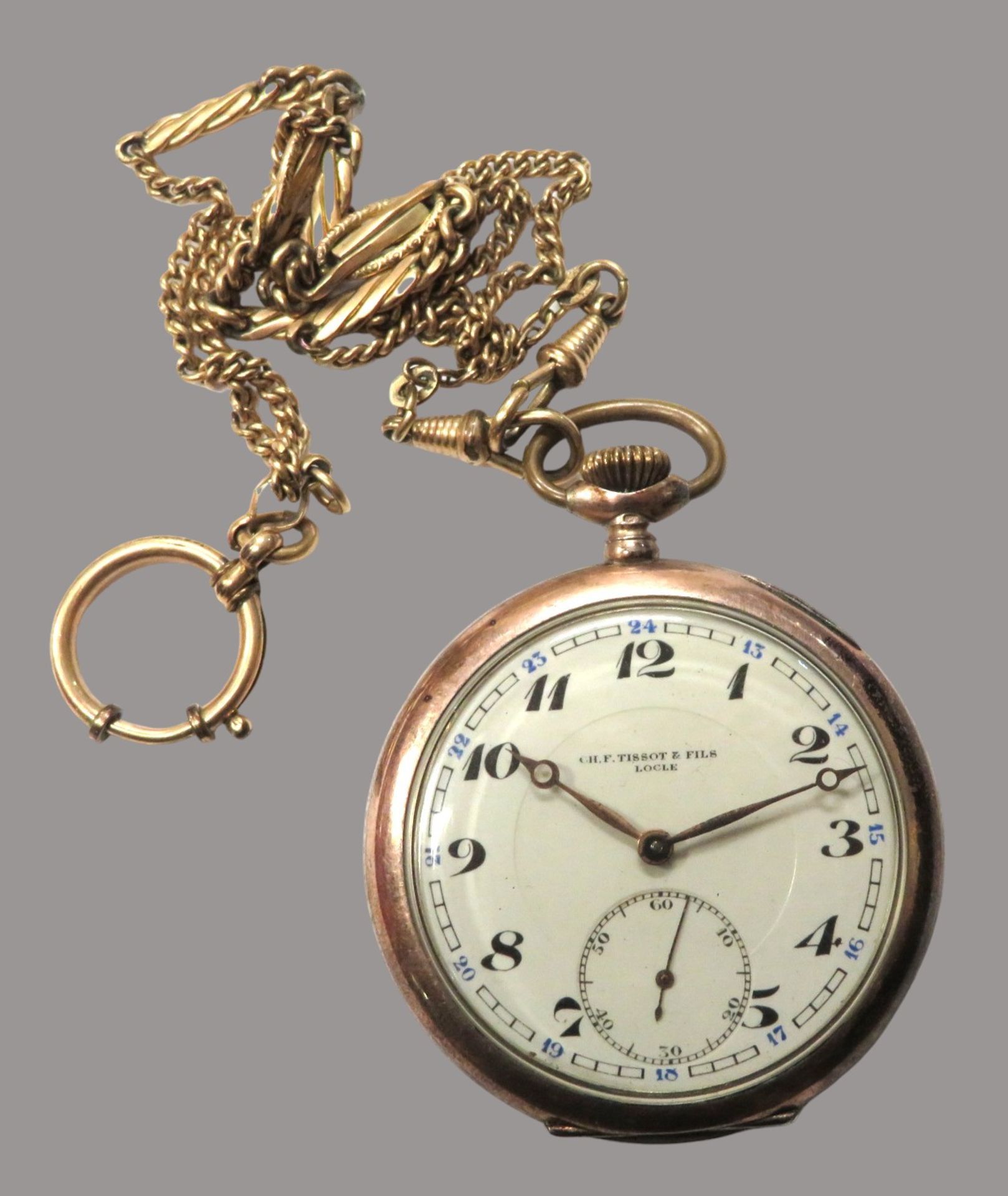 Taschenuhr an Uhrenkette, Ch. F. Tissot & Fils Locle, Gehäuse und Innendeckel Silber 800/000, punzi - Image 2 of 4