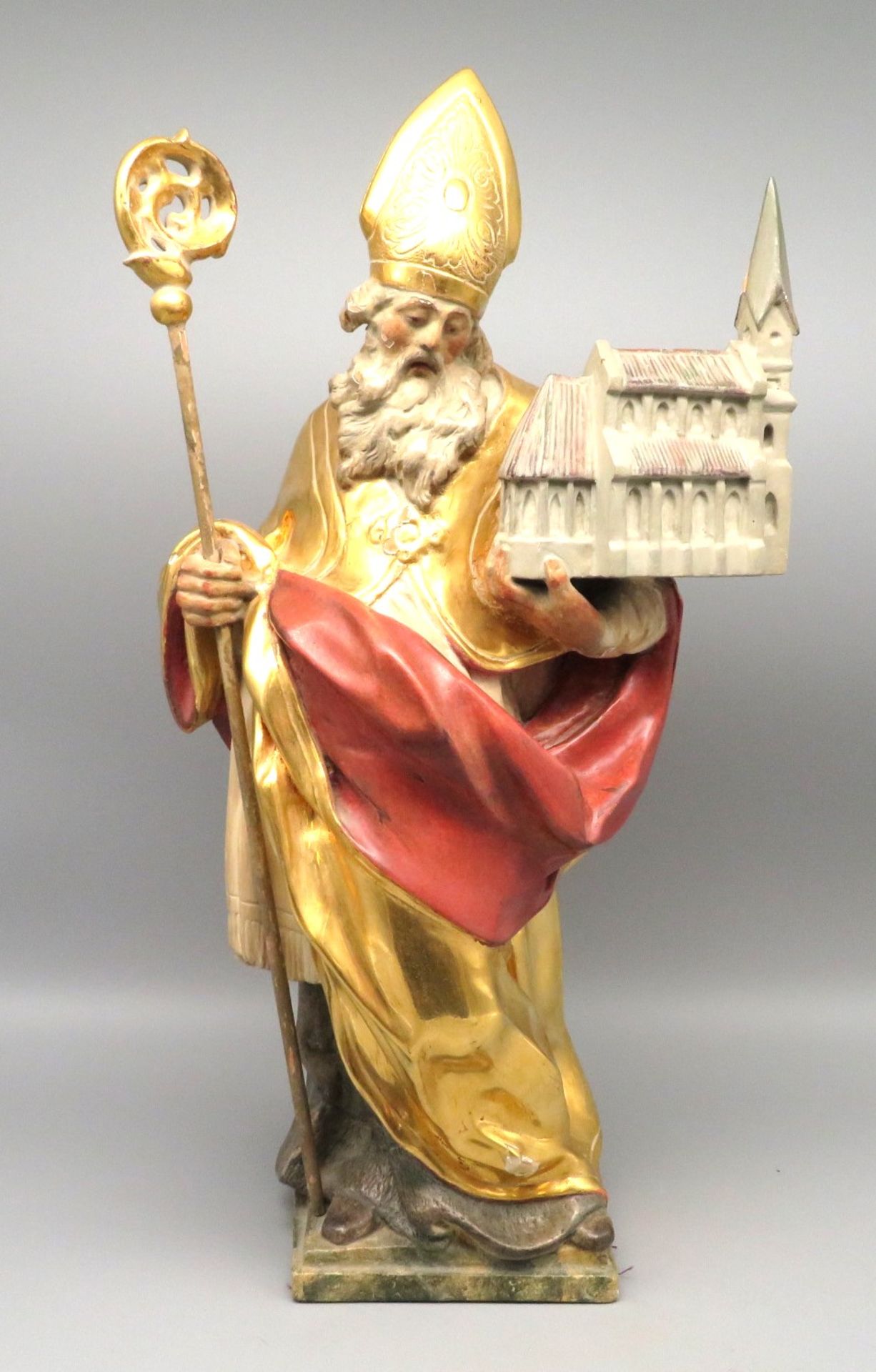 Heiliger Wolfgang von Regensburg, Holz geschnitzt, farbig gefasst und blattvergoldet, min. Farbabpl