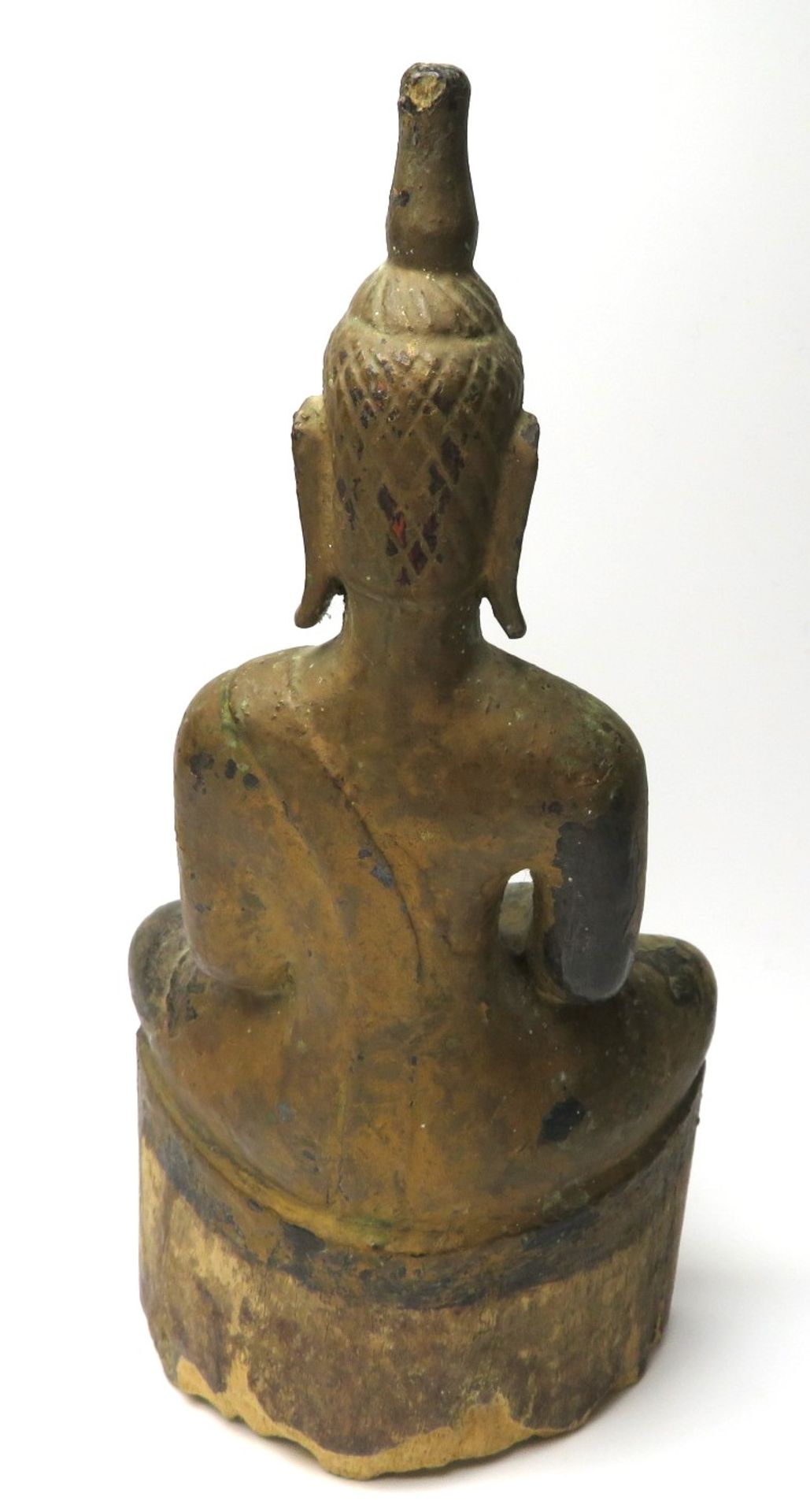 Sitzender Buddha im Lotussitz, Südostasien, antik, Holz geschnitzt, gefasst, best., 19,5 x 9,5 x 5, - Image 2 of 3