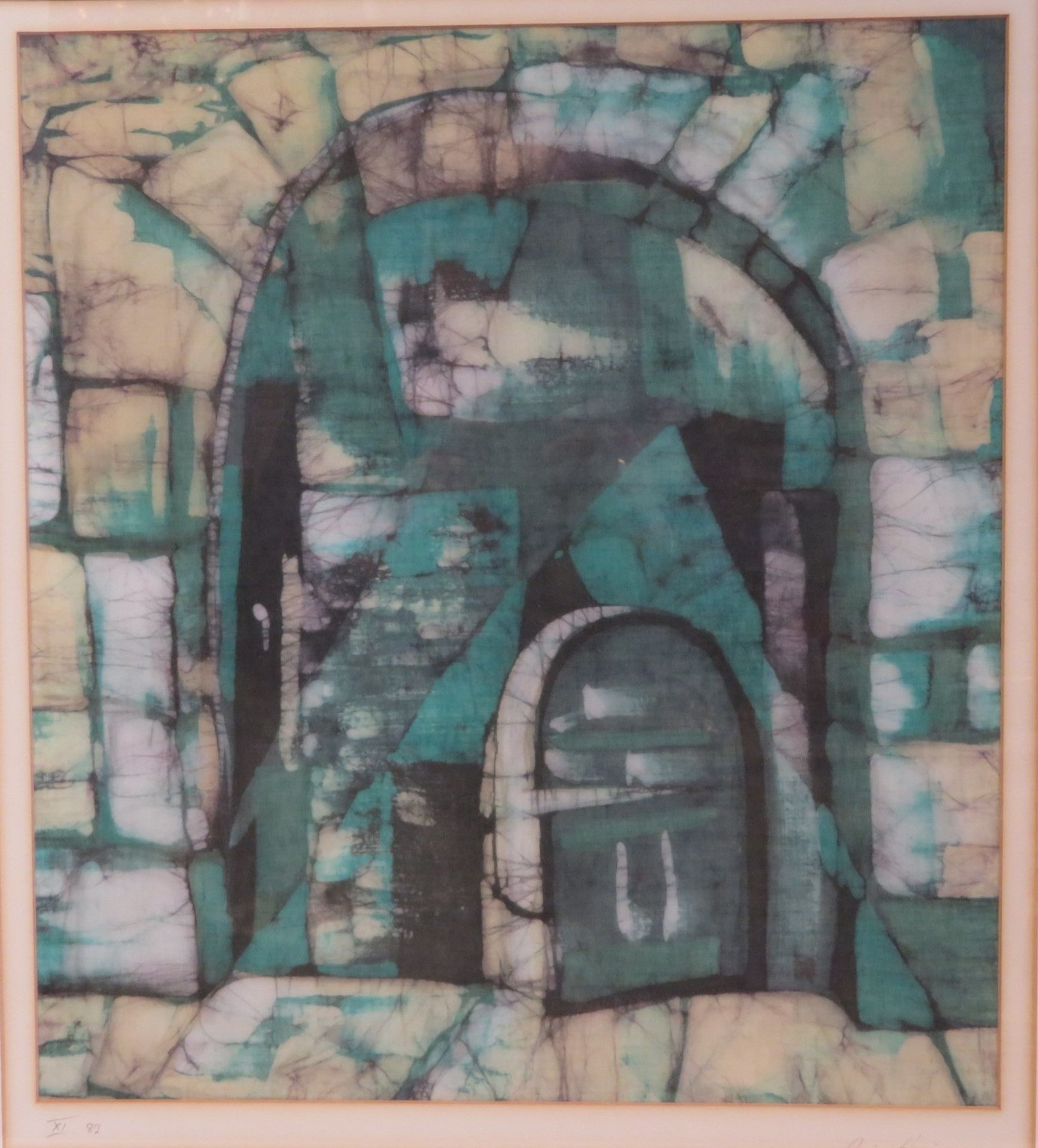 Heim, Rudi, "Das grüne Portal", Batik, Aufl. XI., dat. (19)89, 50 x 44,5 cm, R. [72 x 63 cm]