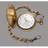 Taschenuhr an vergoldeter Uhrenkette, Savonette, USA/Waltham, Gehäuse vergoldet, Aufzug defekt (Unr
