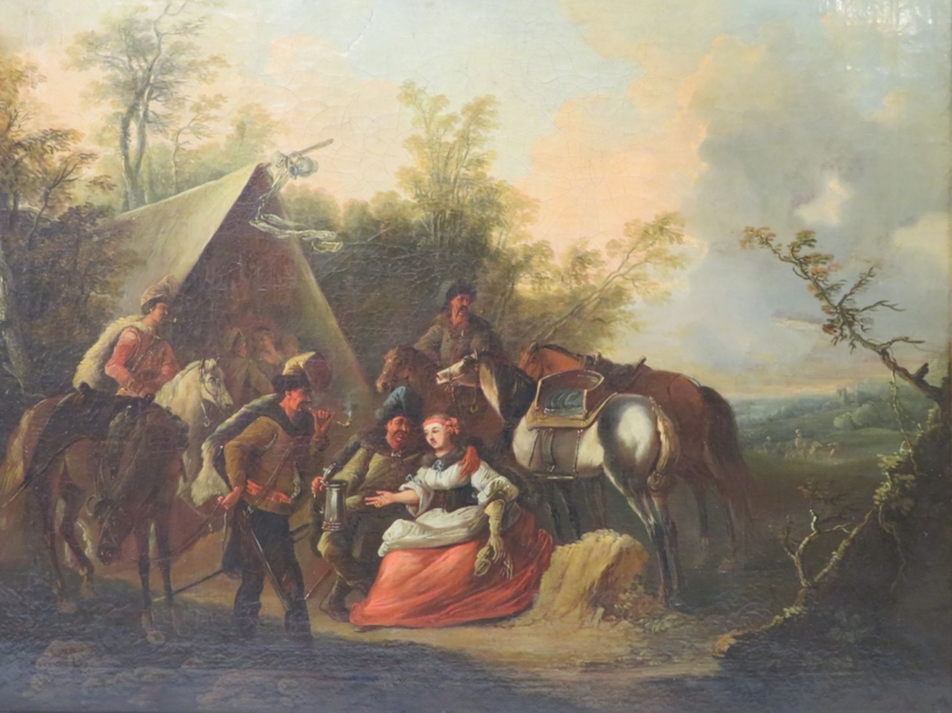 Niederlande, 18. Jahrhundert, "Soldaten im Lager mit Pferden und Marketenderin", Öl/Leinwand, 52 x