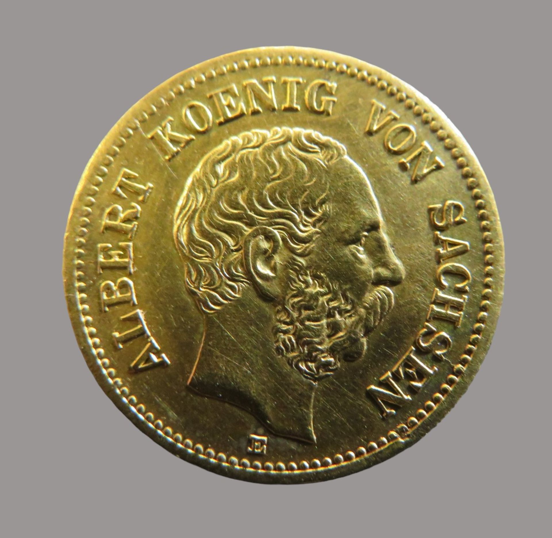 Goldmünze, 5 Mark, Albert König von Sachsen, 1877E, Gold 900/000, 1,99 g, J 260, d 1,7 cm.