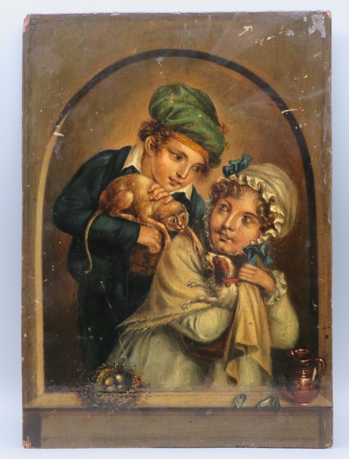 England, 1. Hälfte 19. Jahrhundert, "Junge mit Äffchen und Mädchen mit Hündchen", Öl/Holz, 31 x 22