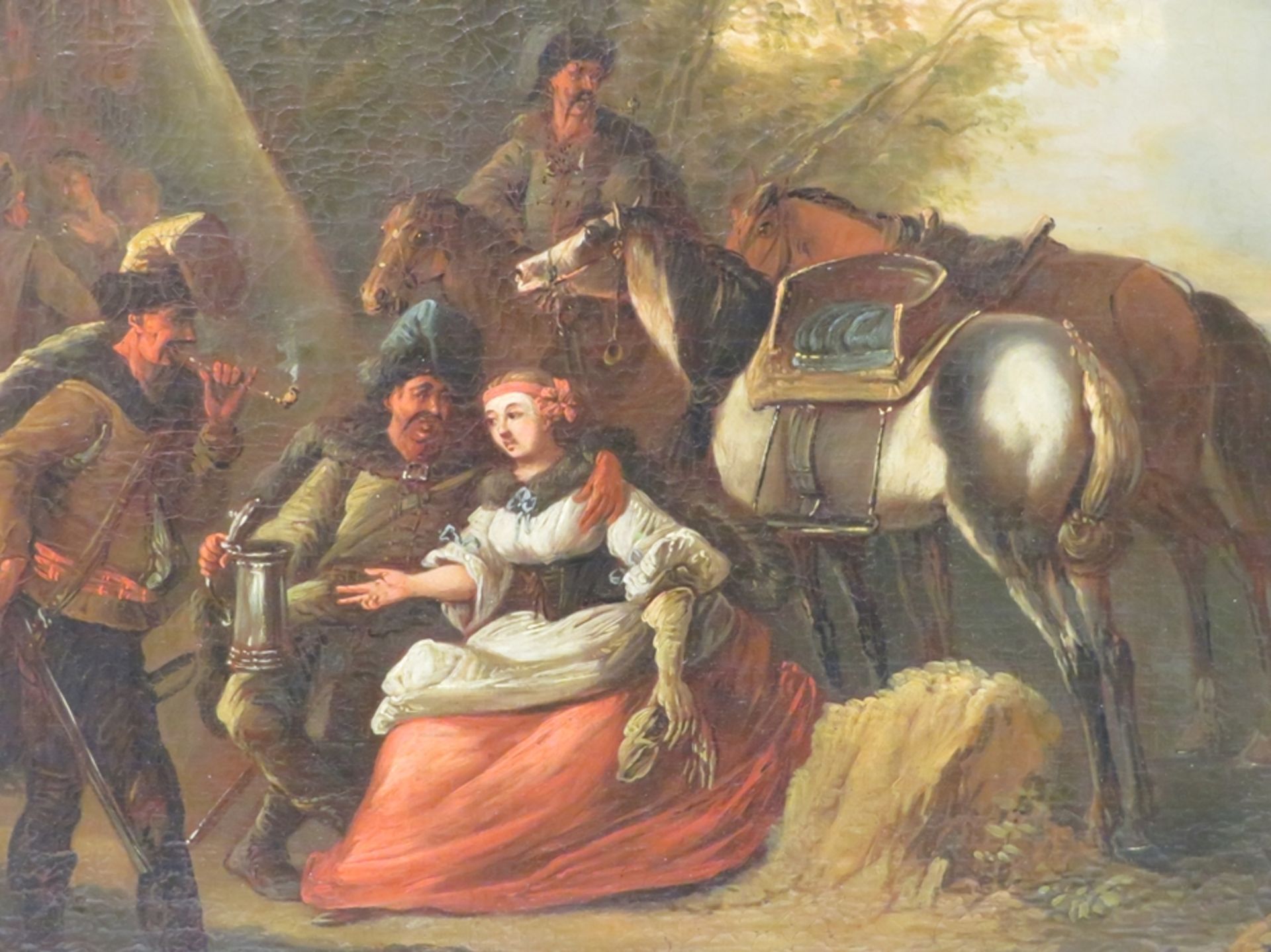 Niederlande, 18. Jahrhundert, "Soldaten im Lager mit Pferden und Marketenderin", Öl/Leinwand, 52 x - Image 2 of 4