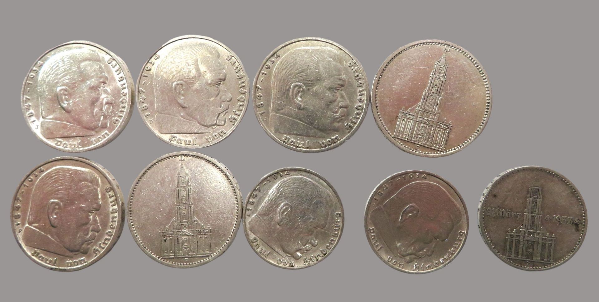 Konvolut von 9 diversen Münzen, 3. Reich, 2 x 5-Mark, Garnisonskirche, 1934/2 x 5-Mark, Hindenburg,