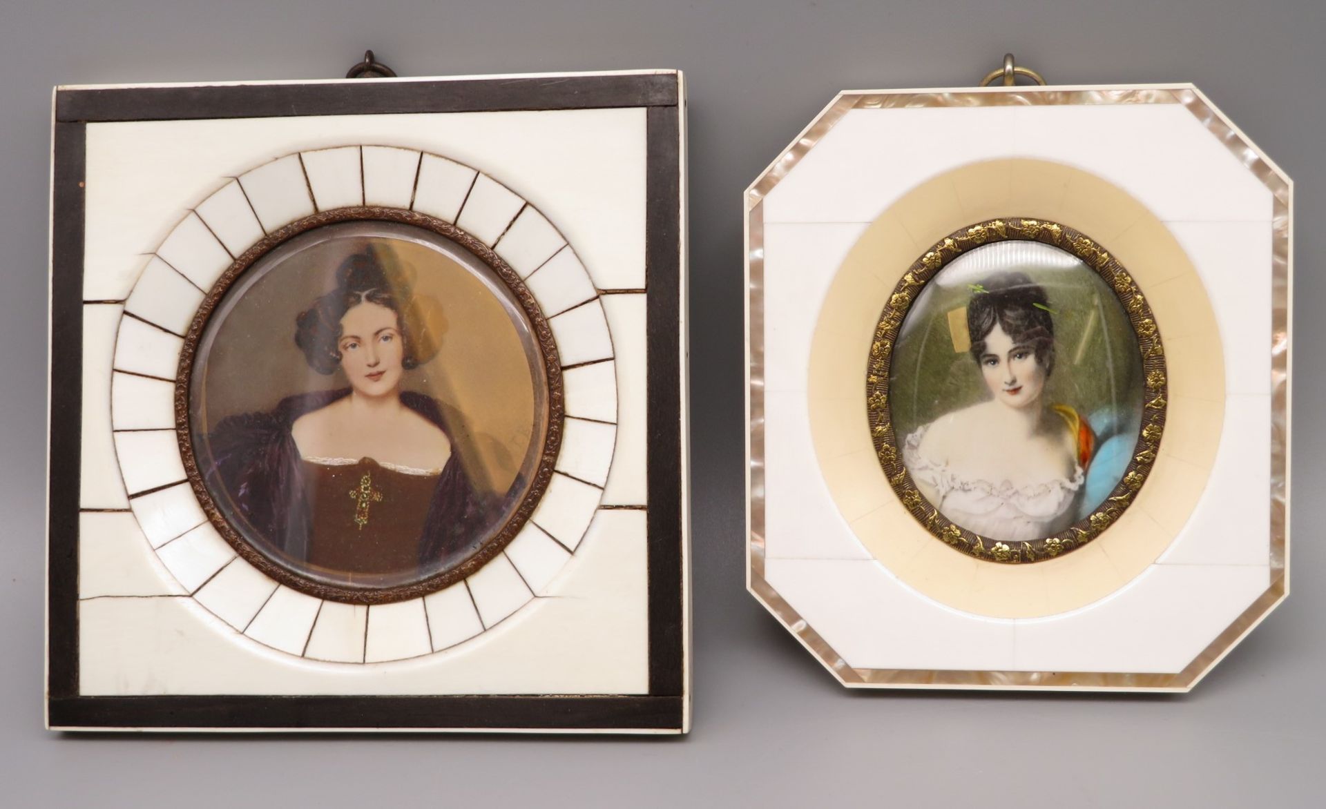 2 Damenminiaturen, "Gräfin Rossi" und "Madame Recamièr", unles.sign., 1. Hälfte 20. Jahrhundert, Be