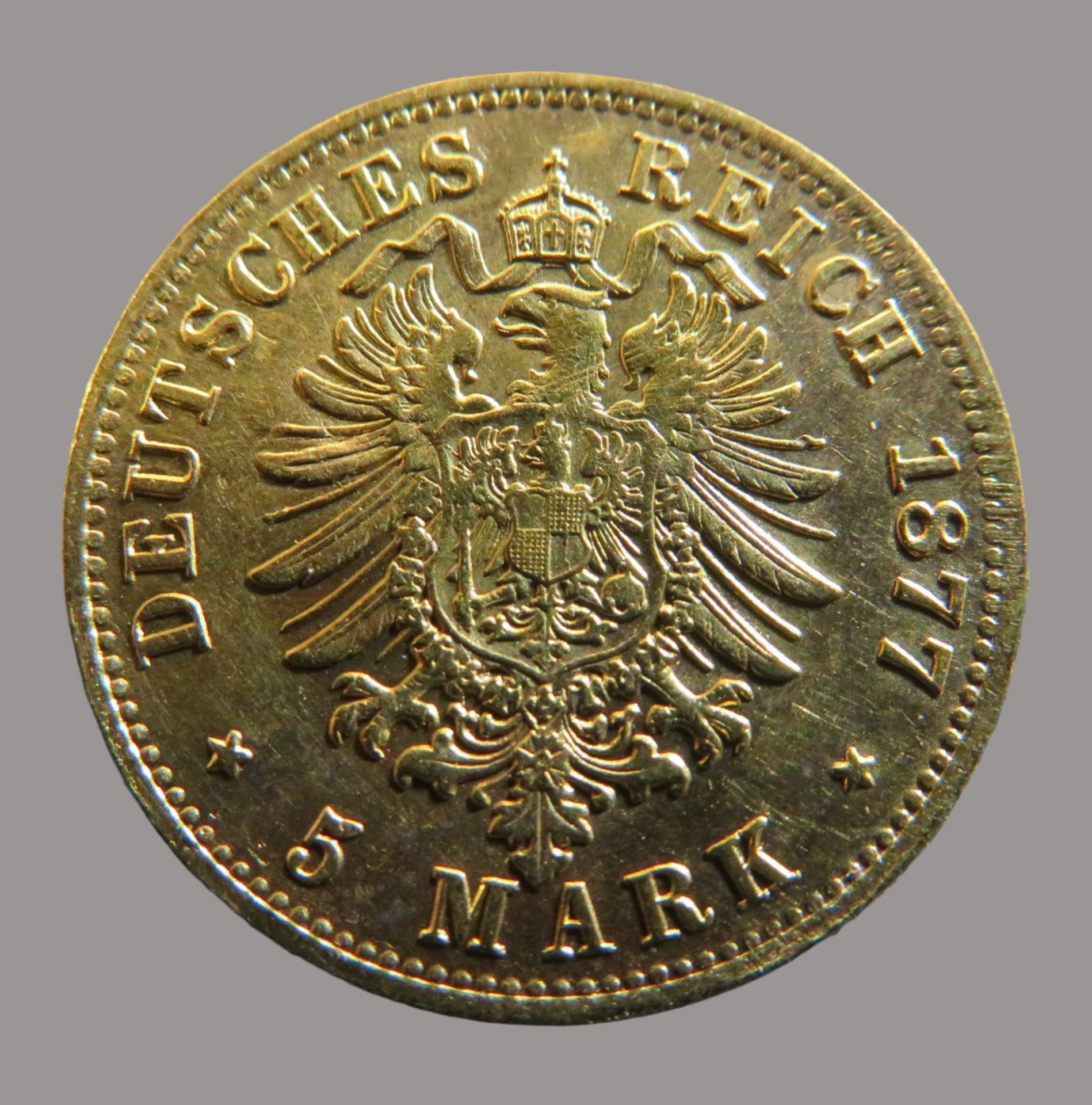 Goldmünze, 5 Mark, Albert König von Sachsen, 1877E, Gold 900/000, 1,99 g, J 260, d 1,7 cm. - Image 2 of 2