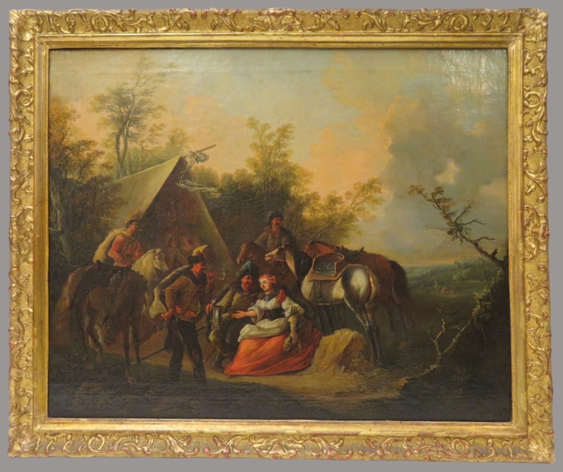 Niederlande, 18. Jahrhundert, "Soldaten im Lager mit Pferden und Marketenderin", Öl/Leinwand, 52 x - Image 3 of 4
