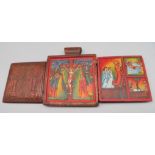 Koptische Reiseikone mit 4 Ikonenmalereien, Holz geschnitzt, 13 x 11,5 cm.