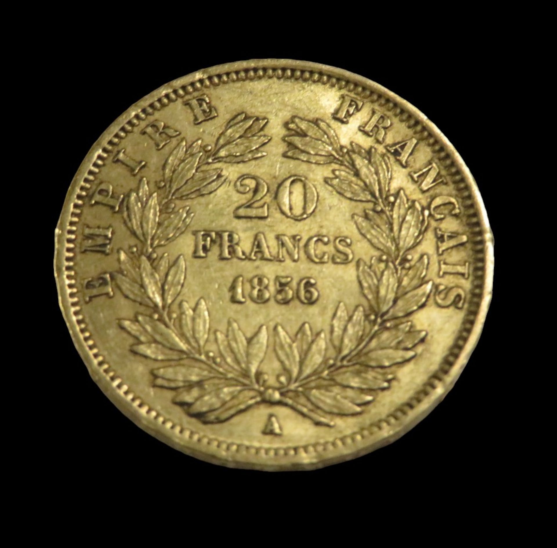 Goldmünze, 20 Francs, Napoleon III, 1856, Gold 900/000, 6,4 g, d 2,1 cm. - Bild 2 aus 2